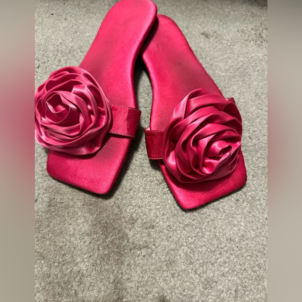 Rose Hot Pink Floral Satin Slide Sandals - Women Accessories